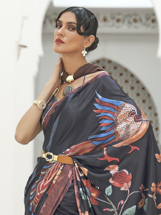 Zufia Black Crepe Pochampally Kalamkari One Minute Saree