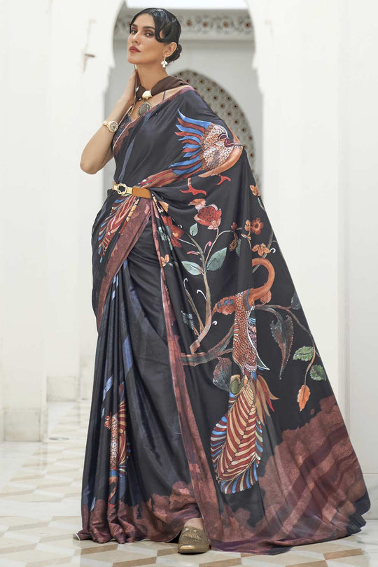 Zufia Black Crepe Pochampally Kalamkari One Minute Saree