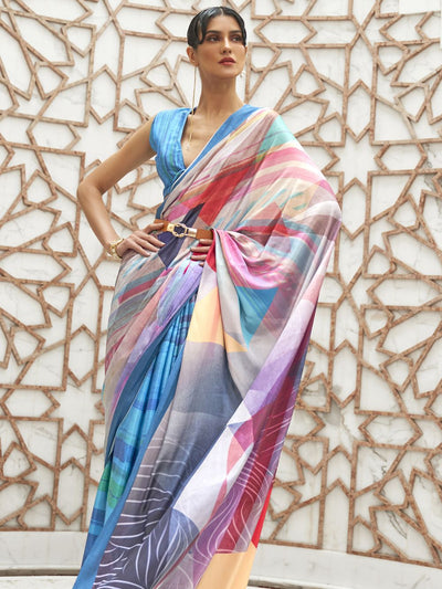 Netra Blue Crepe Party Wear Abstract One Minute Saree