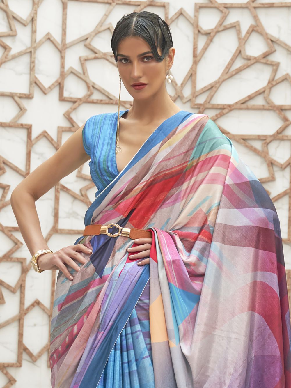 Netra Blue Crepe Party Wear Abstract One Minute Saree