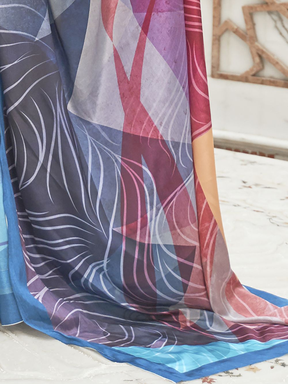 Netra Blue Crepe Party Wear Abstract One Minute Saree