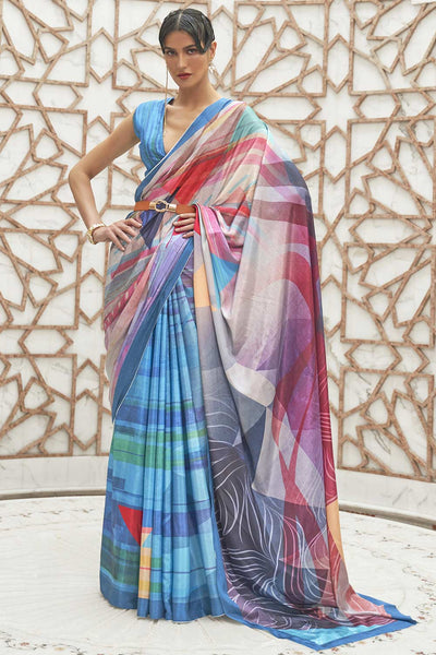 Netra Blue Crepe Party Wear Abstract One Minute Saree