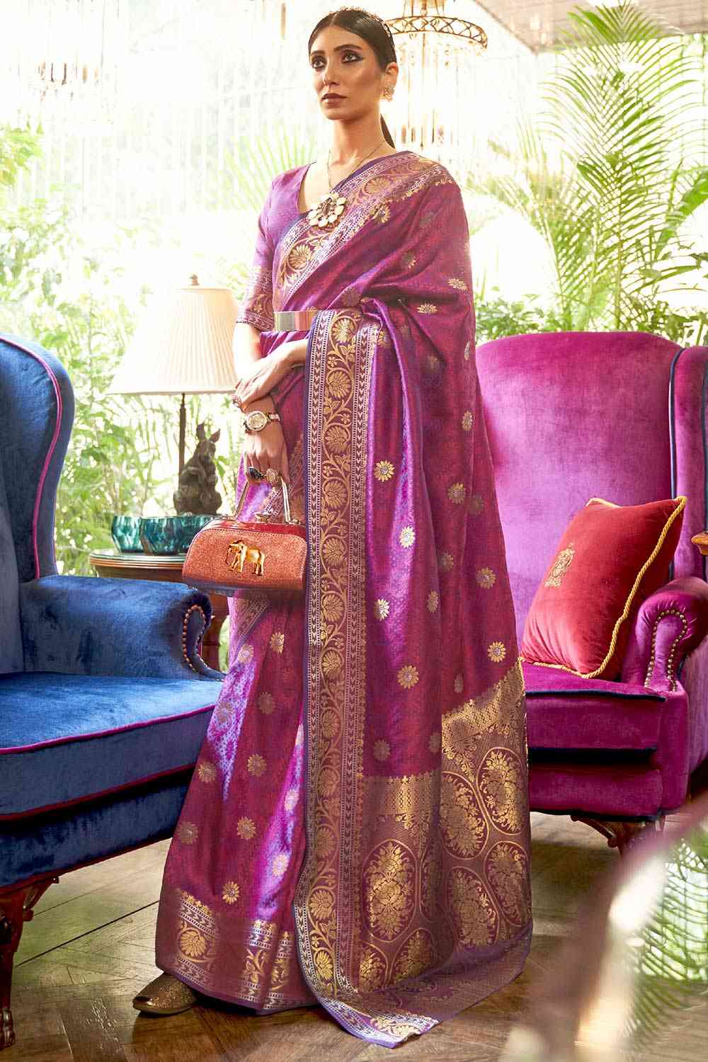 Salena Magenta Silk Blend Floral Banarasi One Minute Saree