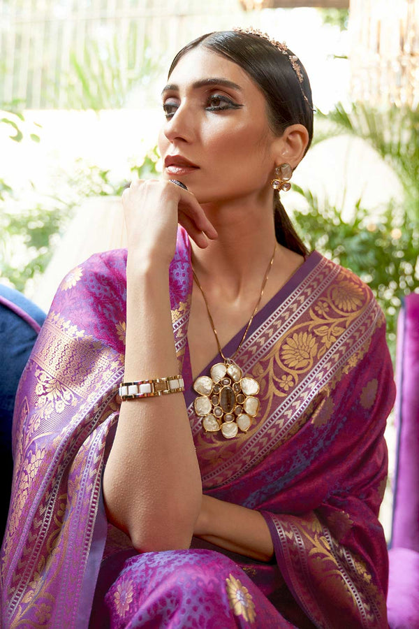 Salena Magenta Silk Blend Floral Banarasi One Minute Saree
