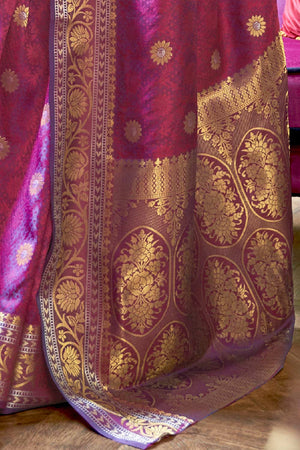 Salena Magenta Silk Blend Floral Banarasi One Minute Saree