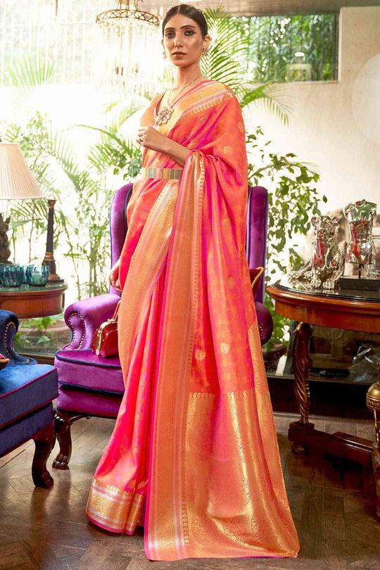 Gaya Peach Silk Blend Banarasi One Minute Saree