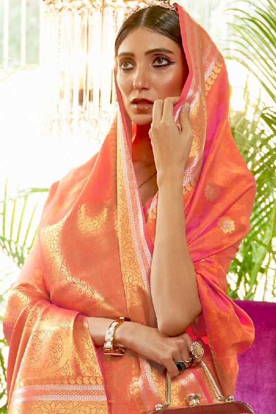 Gaya Peach Silk Blend Banarasi One Minute Saree
