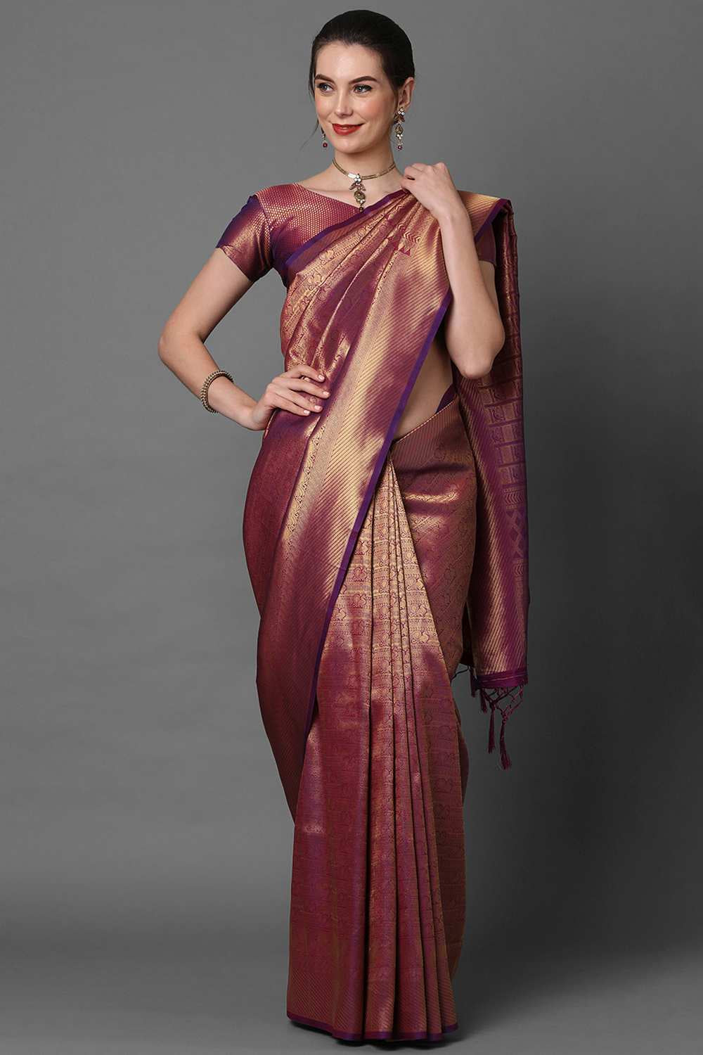 Buy Wine Woven Kanjivaram Art Silk  One Minute Saree