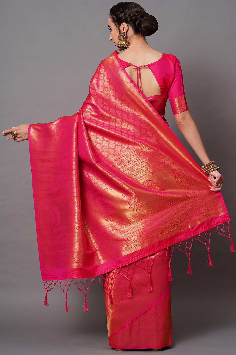 Buy Pink Zari Woven Blended Silk One Minute Saree Online - Back