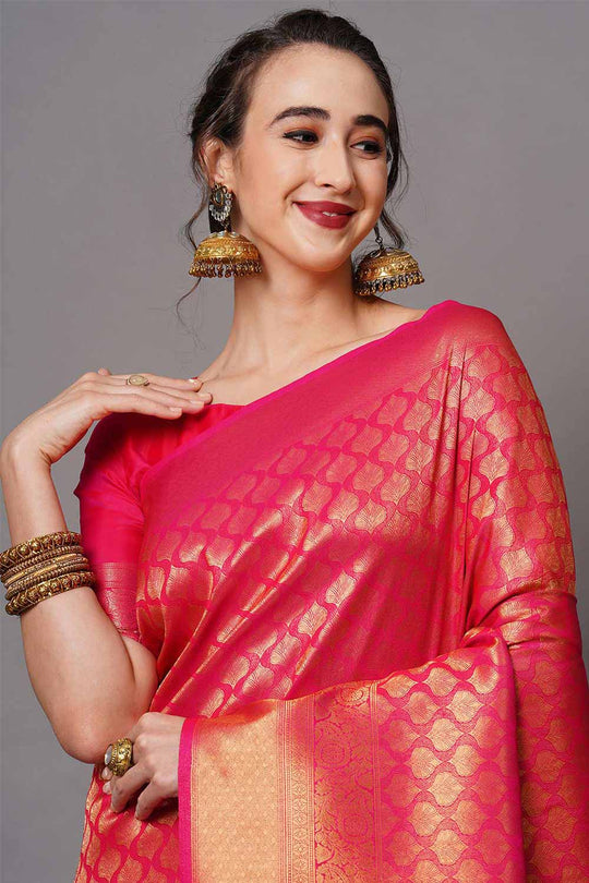 Buy Pink Zari Woven Blended Silk One Minute Saree Online - Front