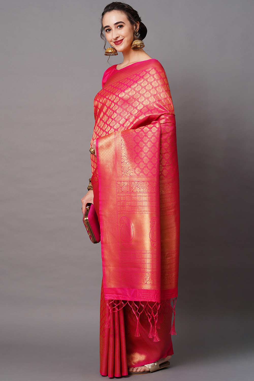 Buy Pink Zari Woven Blended Silk One Minute Saree Online - Side