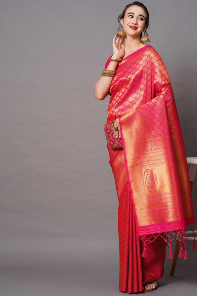 Buy Pink Zari Woven Blended Silk One Minute Saree Online