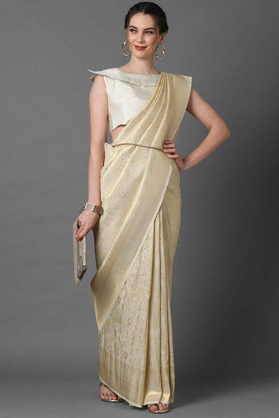 Buy Cream Woven Kanjivaram Art Silk  One Minute Saree