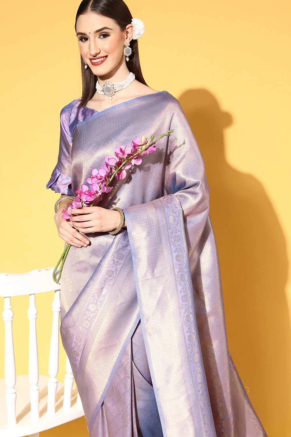 Buy Lavender Art Silk Ethnic Motif Design One Minute Saree Online - Side