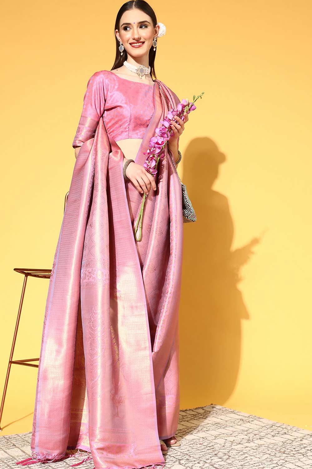 Buy Mauve Art Silk Ethnic Motif Design One Minute Saree Online - Front