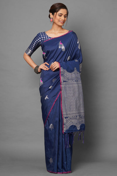 Buy Women's Blue Zari Silk Blend One Minute Saree