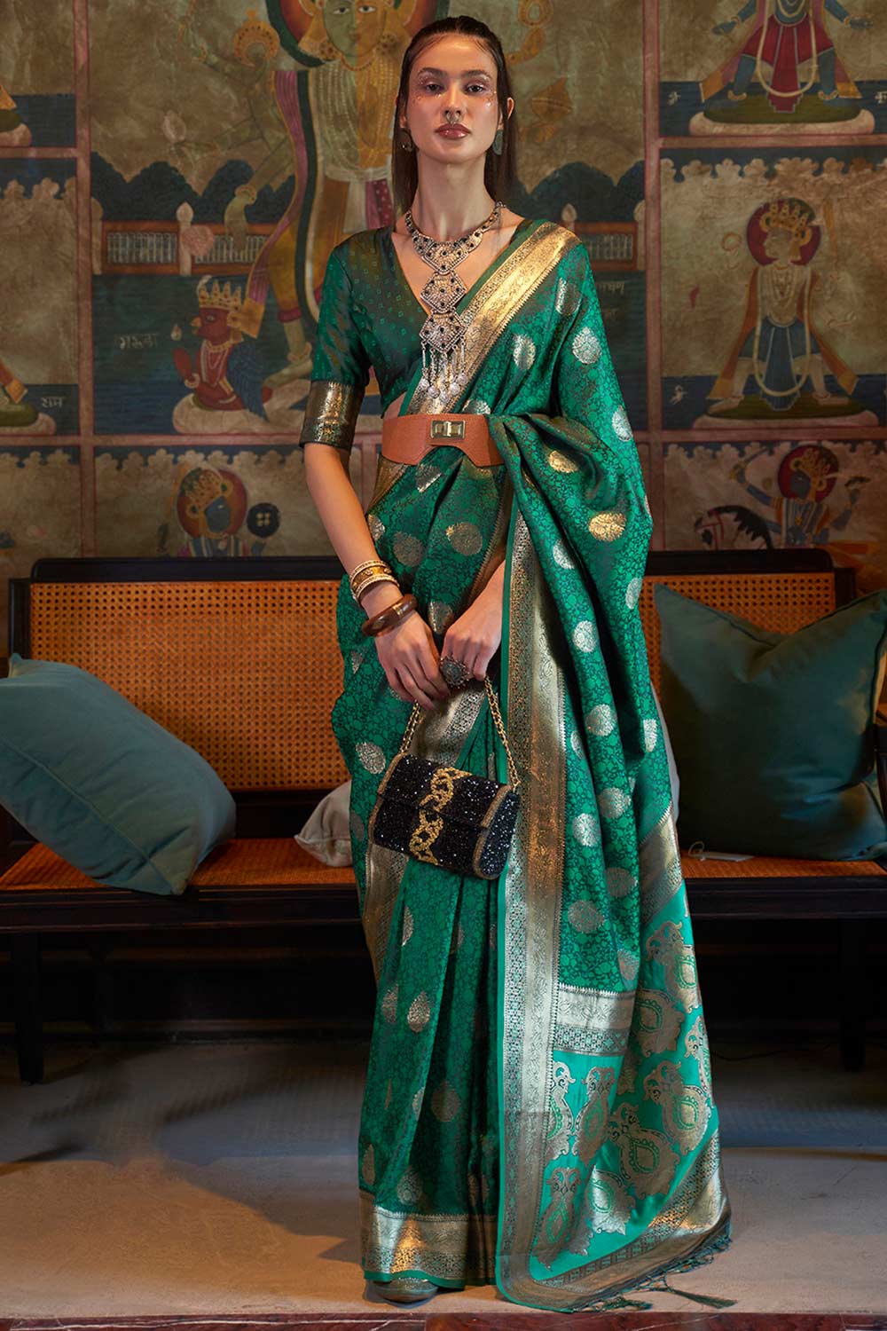 Buy Teal green Art Silk Paisley Design One Minute Saree Online