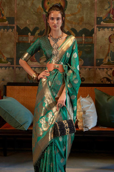 Buy Teal green Art Silk Paisley Design One Minute Saree Online - Front