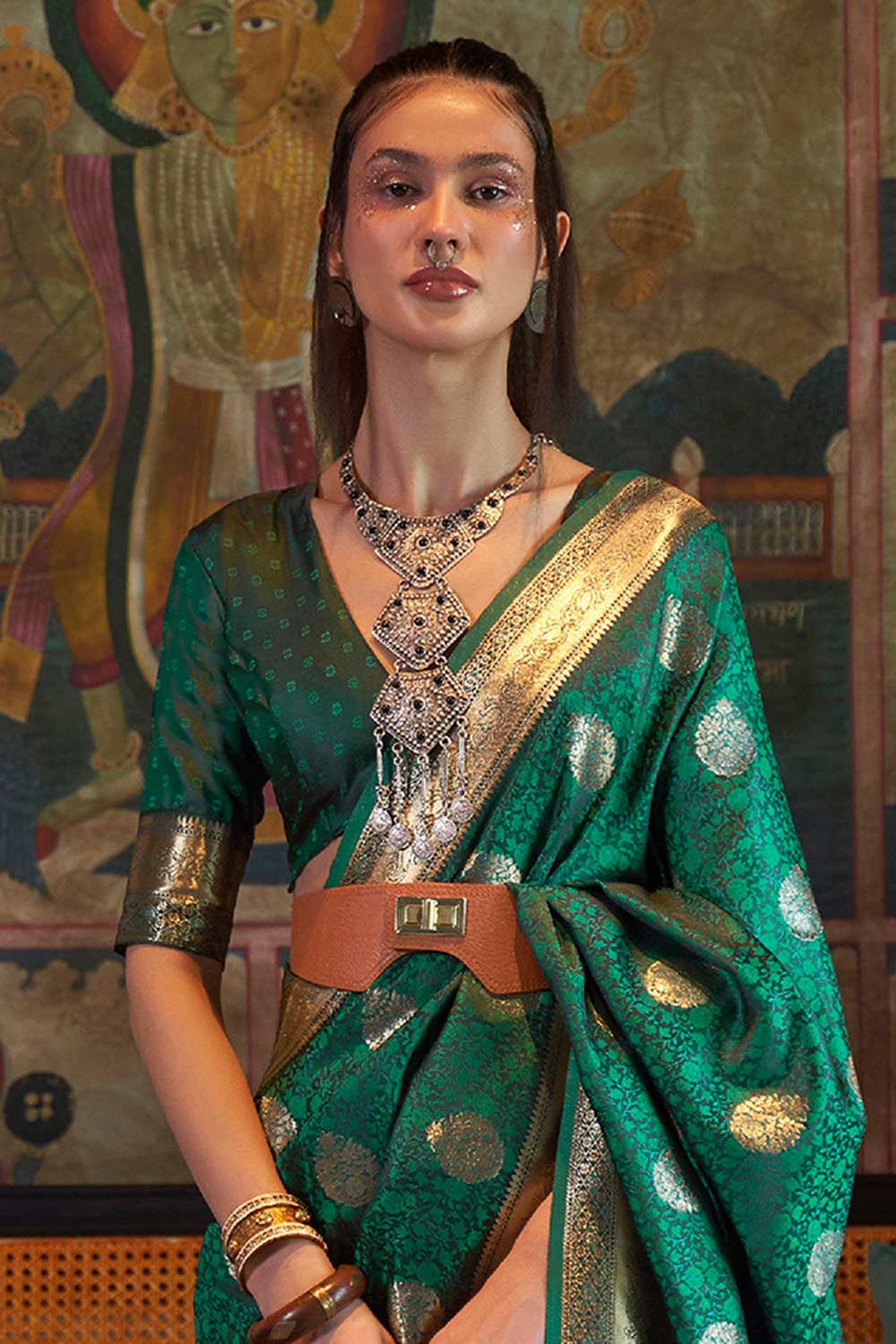 Buy Teal green Art Silk Paisley Design One Minute Saree Online - Side