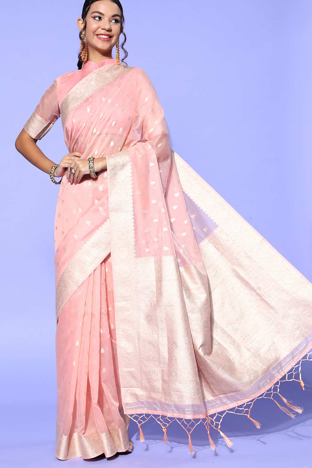 Buy Peach Modal Floral Design One Minute Saree Online