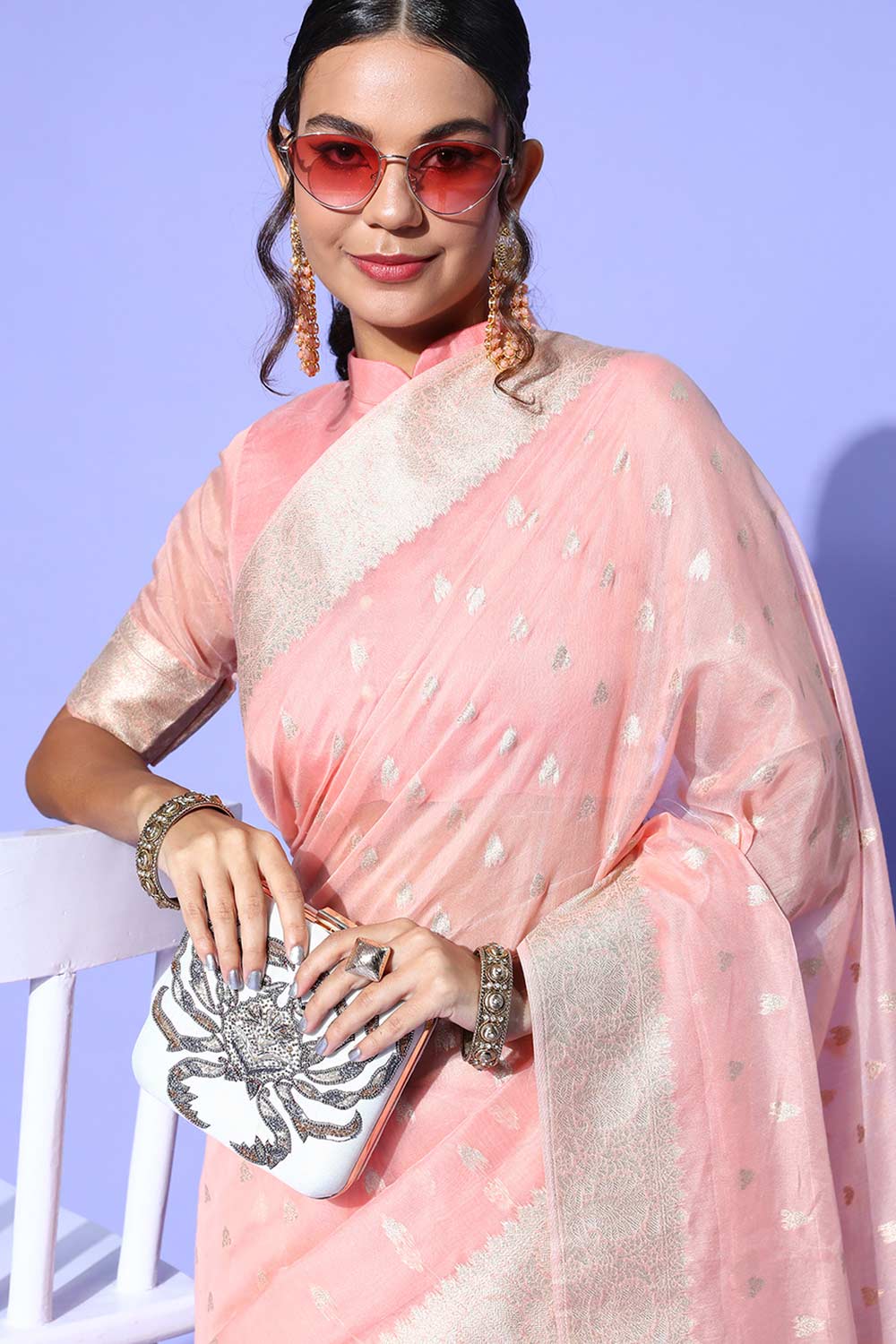 Buy Peach Modal Floral Design One Minute Saree Online - Side