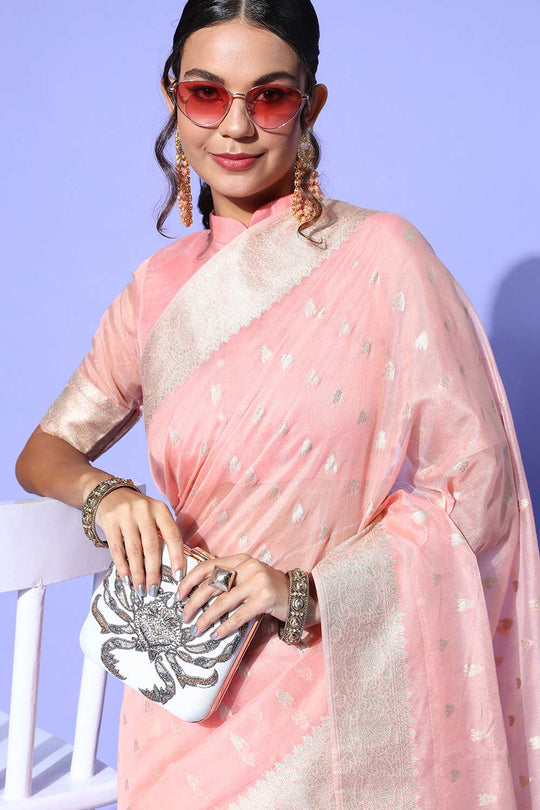 Buy Peach Modal Floral Design One Minute Saree Online - Side