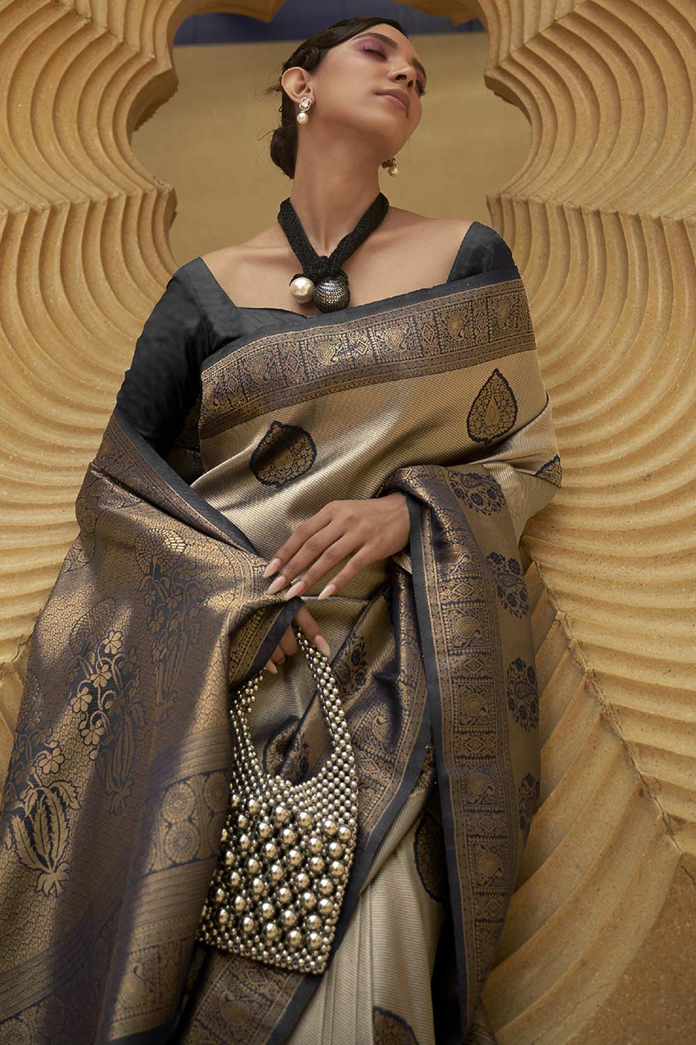 Buy Beige Nylon Bagh Design One Minute Saree Online - Back