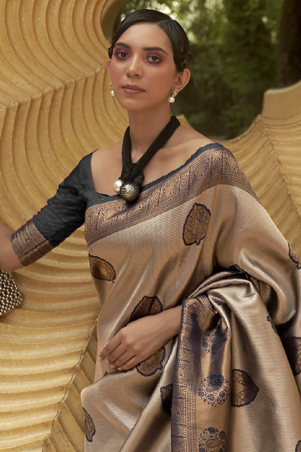 Buy Beige Nylon Bagh Design One Minute Saree Online - Front
