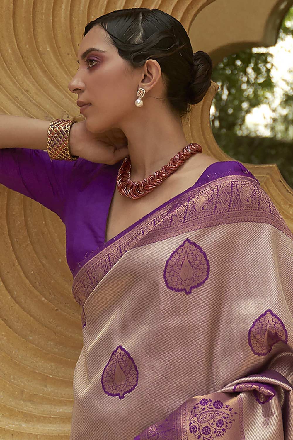 Buy Beige Nylon Bagh Design One Minute Saree Online - Front