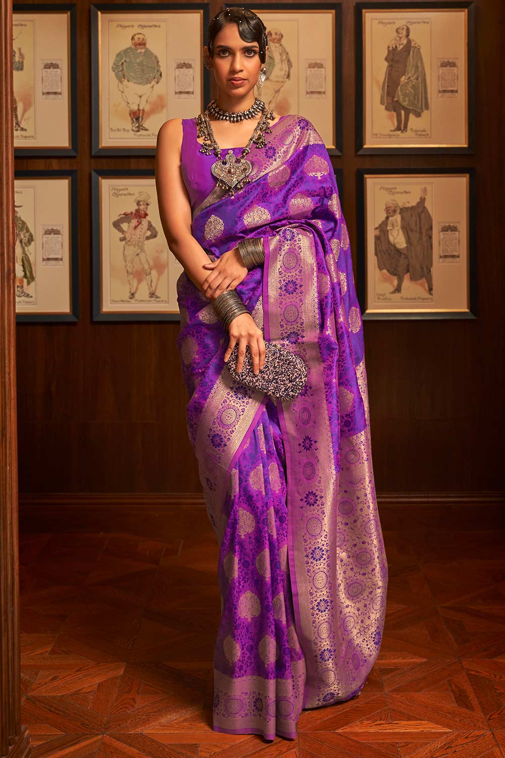 Trina Bright Purple Silk Blend Bagru Banarasi One Minute Saree