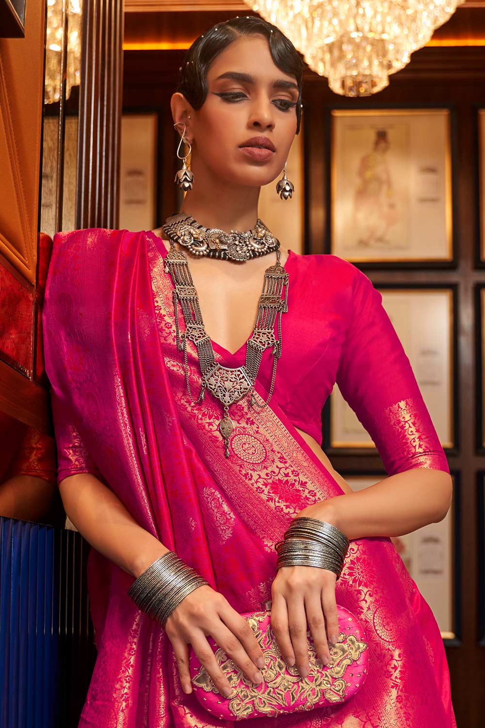 Natia Pink Silk Blend Bagru Banarasi One Minute Saree