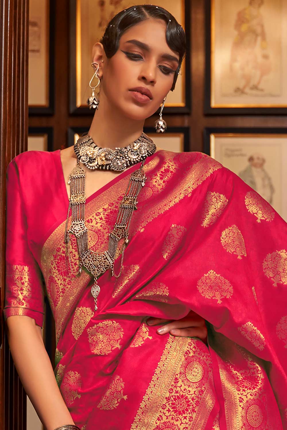 Natia Pink Silk Blend Bagru Banarasi One Minute Saree