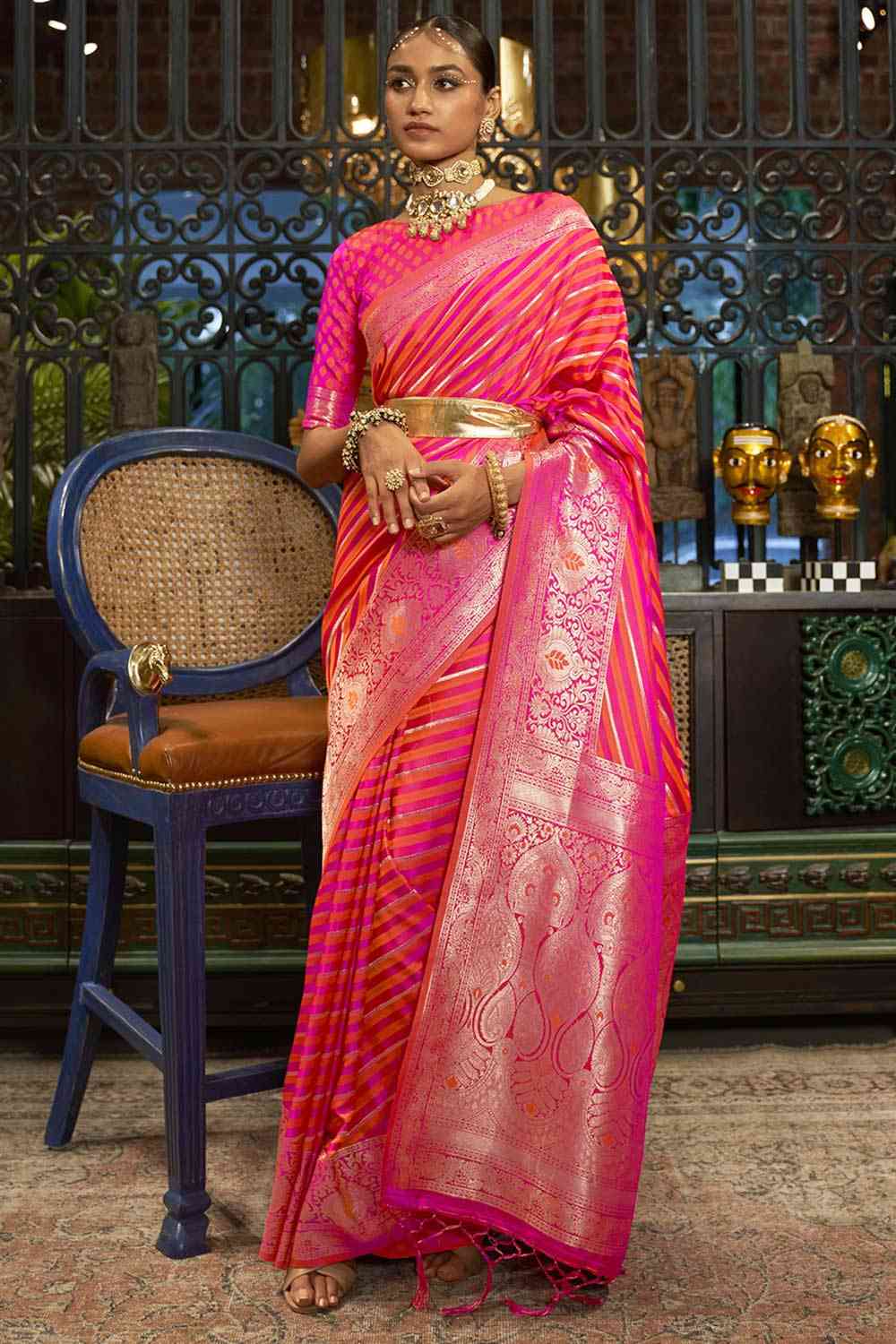 Buy Pink Art Silk Leheriya Design One Minute Saree Online