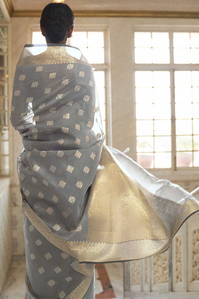 Zeena Silk Blend Grey Woven Design Handloom One Minute Saree