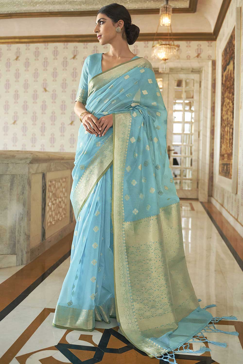 Lorna Silk Blend Turquoise Woven Design Handloom One Minute Saree
