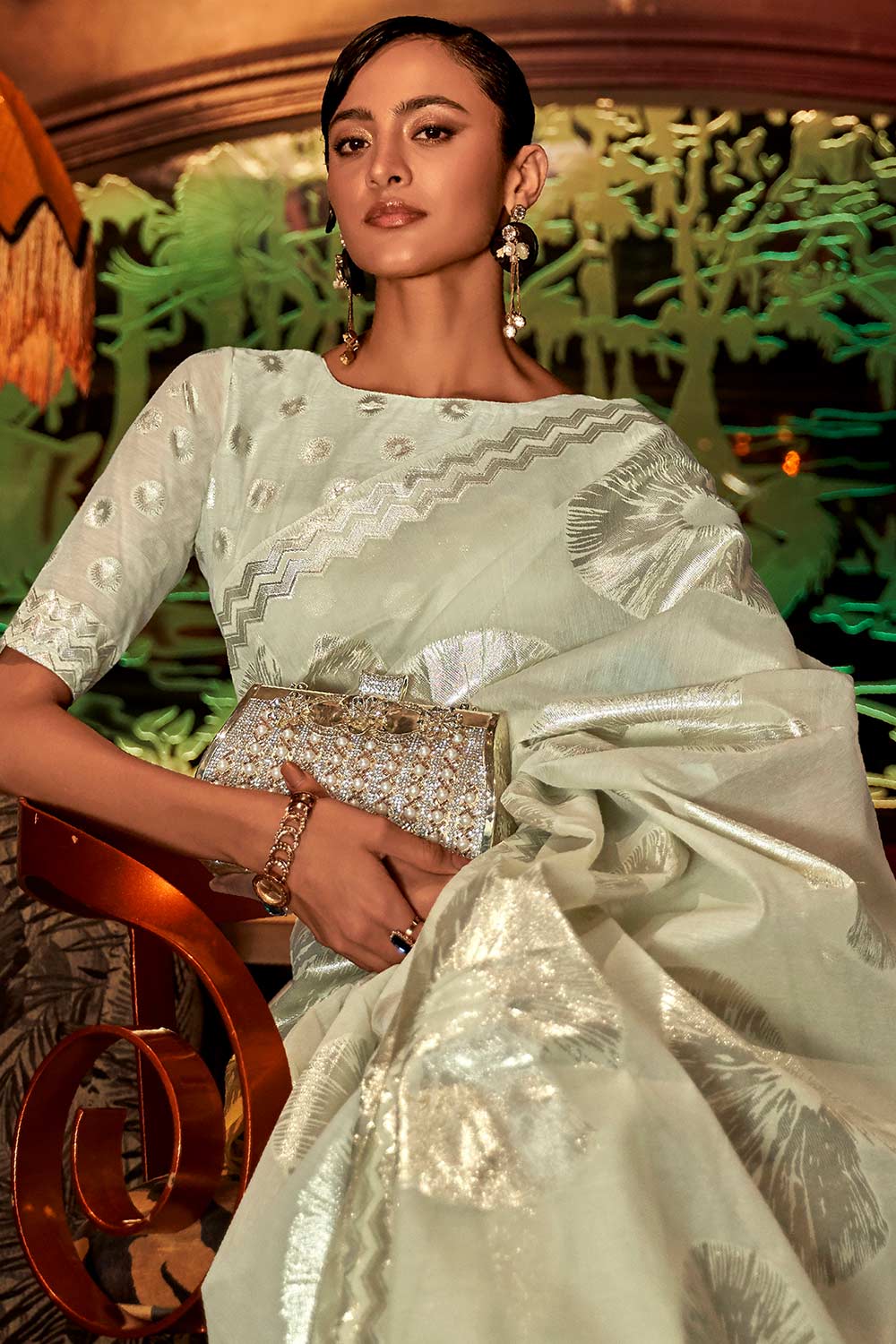 Victoria Light Green Modal Floral Woven Design One Minute Saree