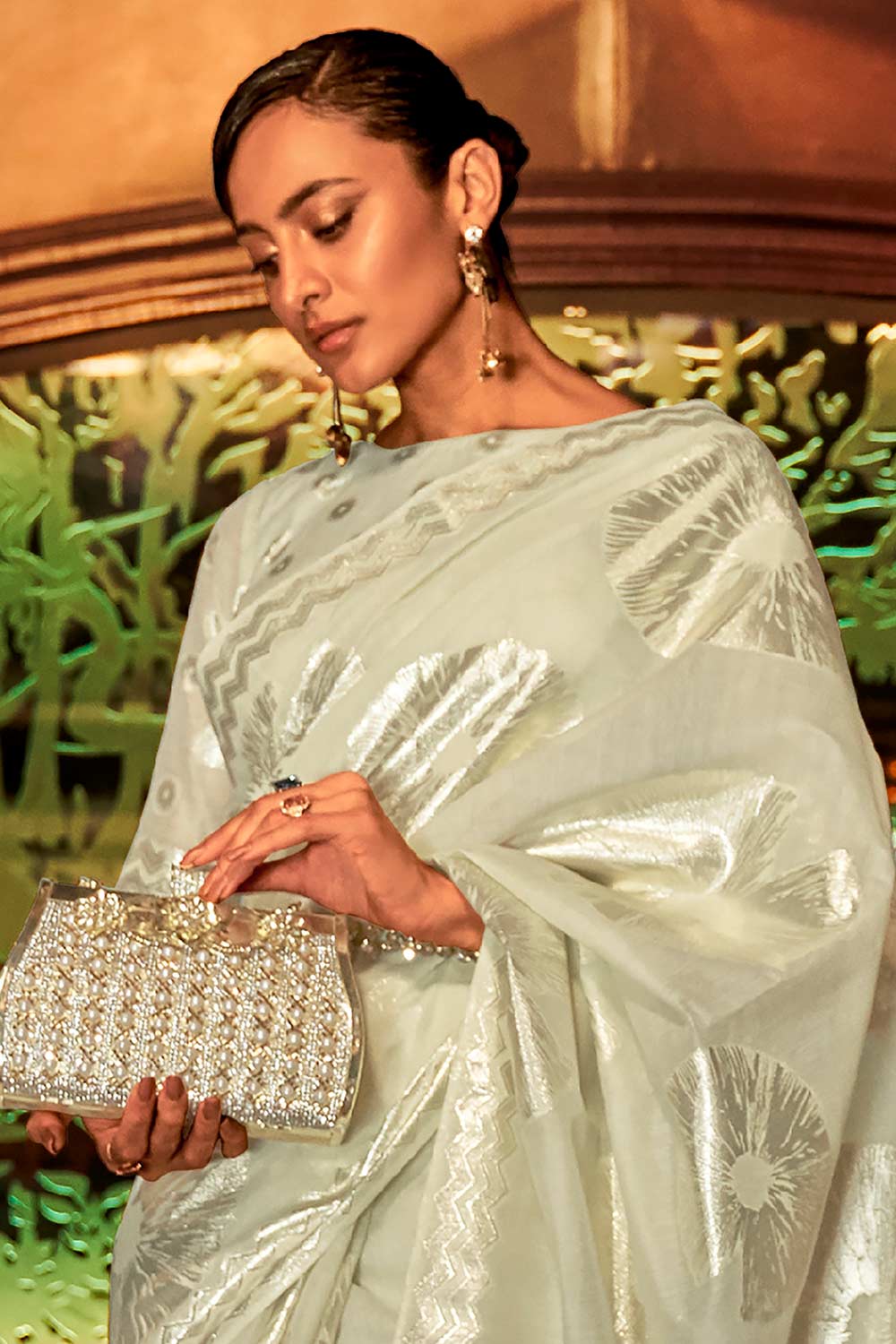 Victoria Light Green Modal Floral Woven Design One Minute Saree