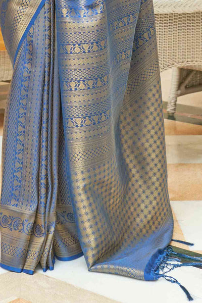 Blessy Blue Silk Blend Paisley Embroidered Kanjivaram One Minute Saree