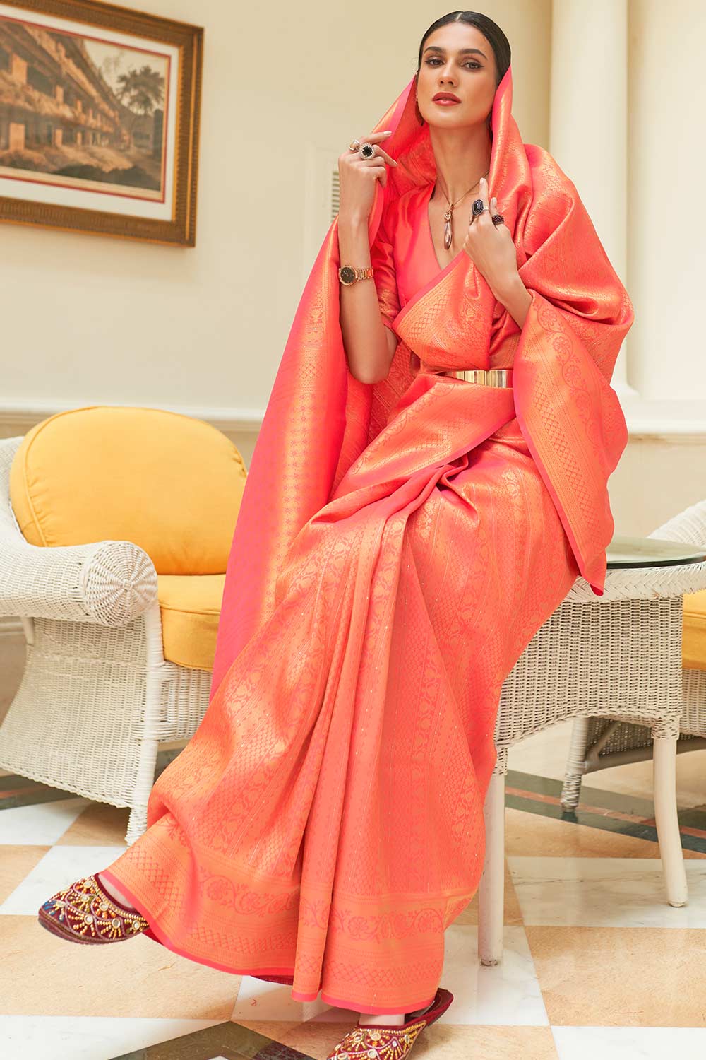 Ami Orange Silk Blend Paisley Embroidered Kanjivaram One Minute Saree