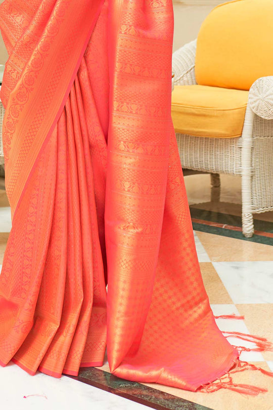 Ami Orange Silk Blend Paisley Embroidered Kanjivaram One Minute Saree
