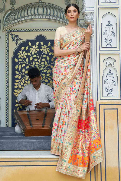 Esther Cream Silk Blend Floral Woven Design Phulkari One Minute Saree