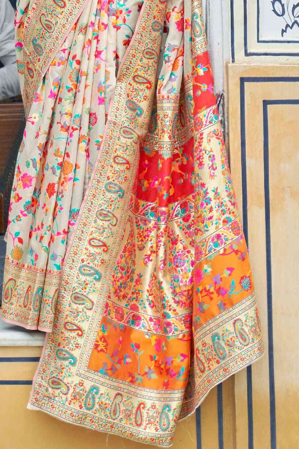 Esther Cream Silk Blend Floral Woven Design Phulkari One Minute Saree
