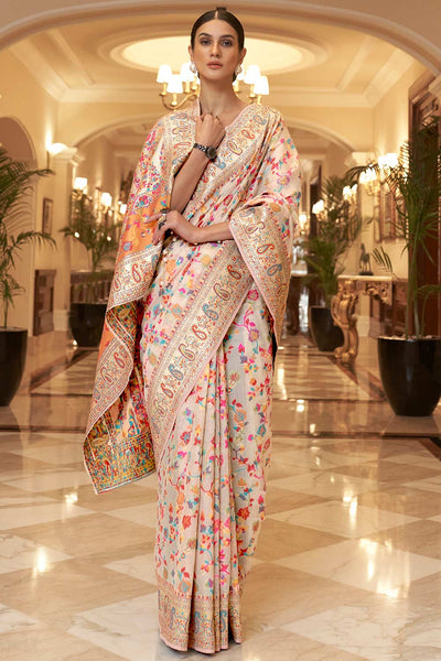 Freya Off-White Silk Blend Floral Woven Design Phulkari One Minute Saree