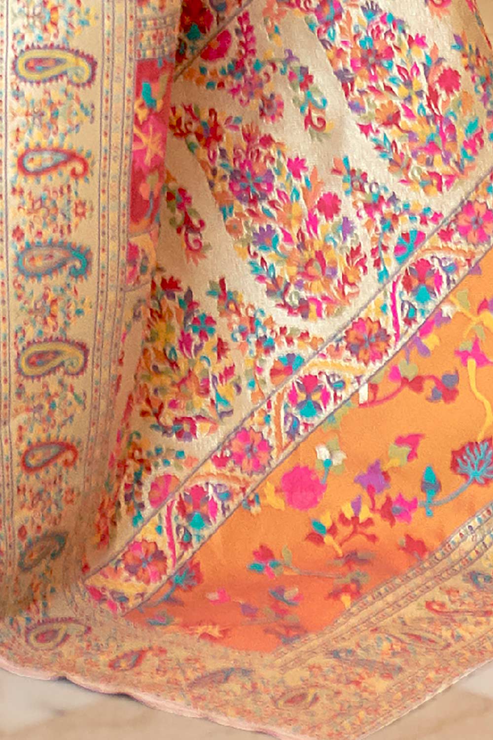 Freya Cream Silk Blend Floral Woven Design Phulkari One Minute Saree