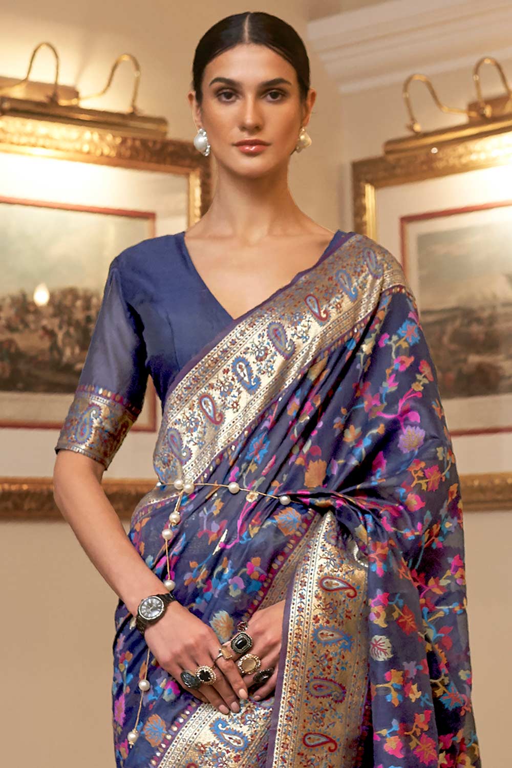 Buy Navy Blue Art Silk Floral Design One Minute Saree Online - Back