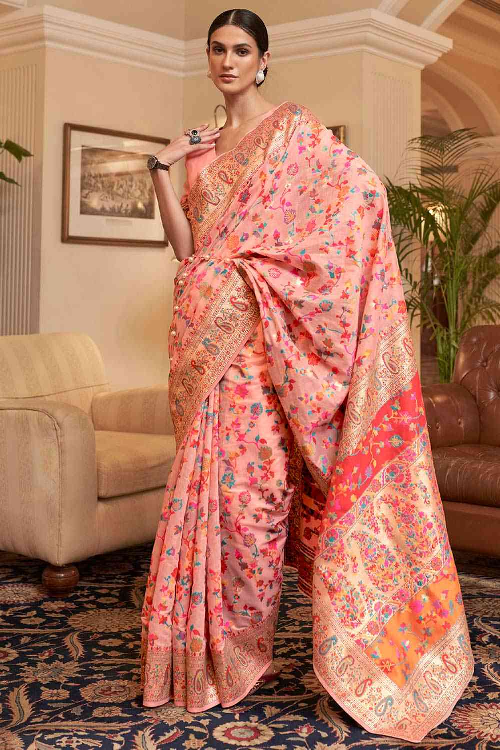 Buy Peach Art Silk Floral Design One Minute Saree Online