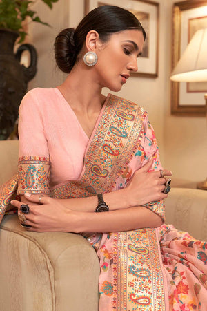 Buy Peach Art Silk Floral Design One Minute Saree Online - Back