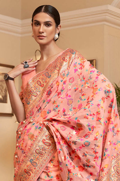 Buy Peach Art Silk Floral Design One Minute Saree Online - Front