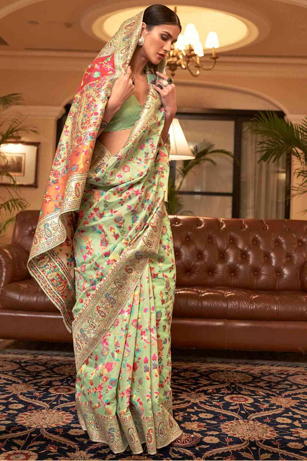 Buy Green Art Silk Floral Design One Minute Saree Online - Back