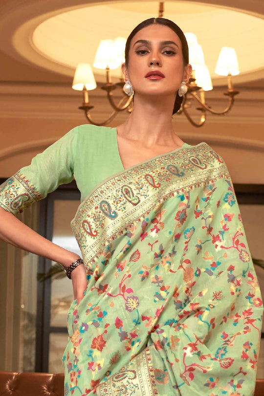 Buy Green Art Silk Floral Design One Minute Saree Online - Front